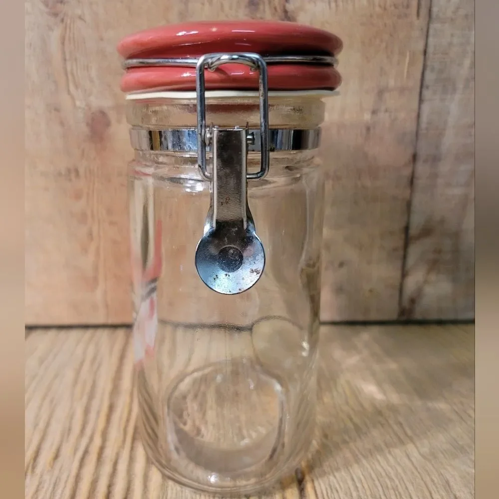Canning Glass Jar Flip Red Ceramic Top Wire Clasp Vintage 6.5 Inches Tall Gift